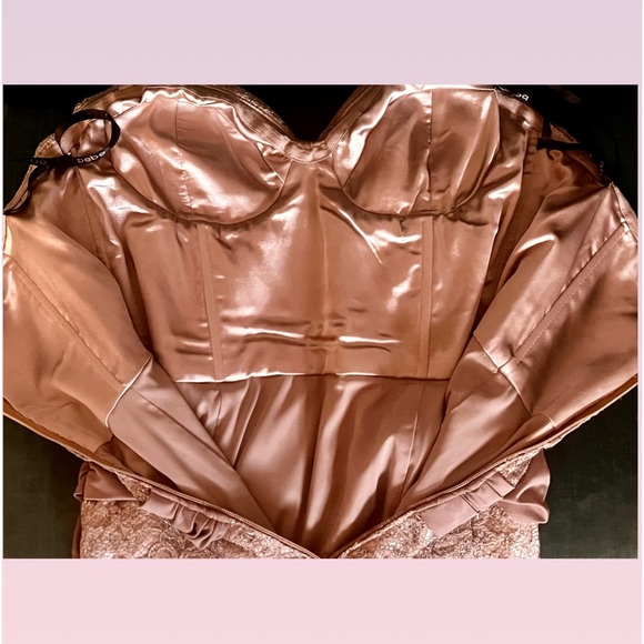 Bebe Draped Strapless Mini Bodycon Dress champagne w/silver - Picture 6 of 9